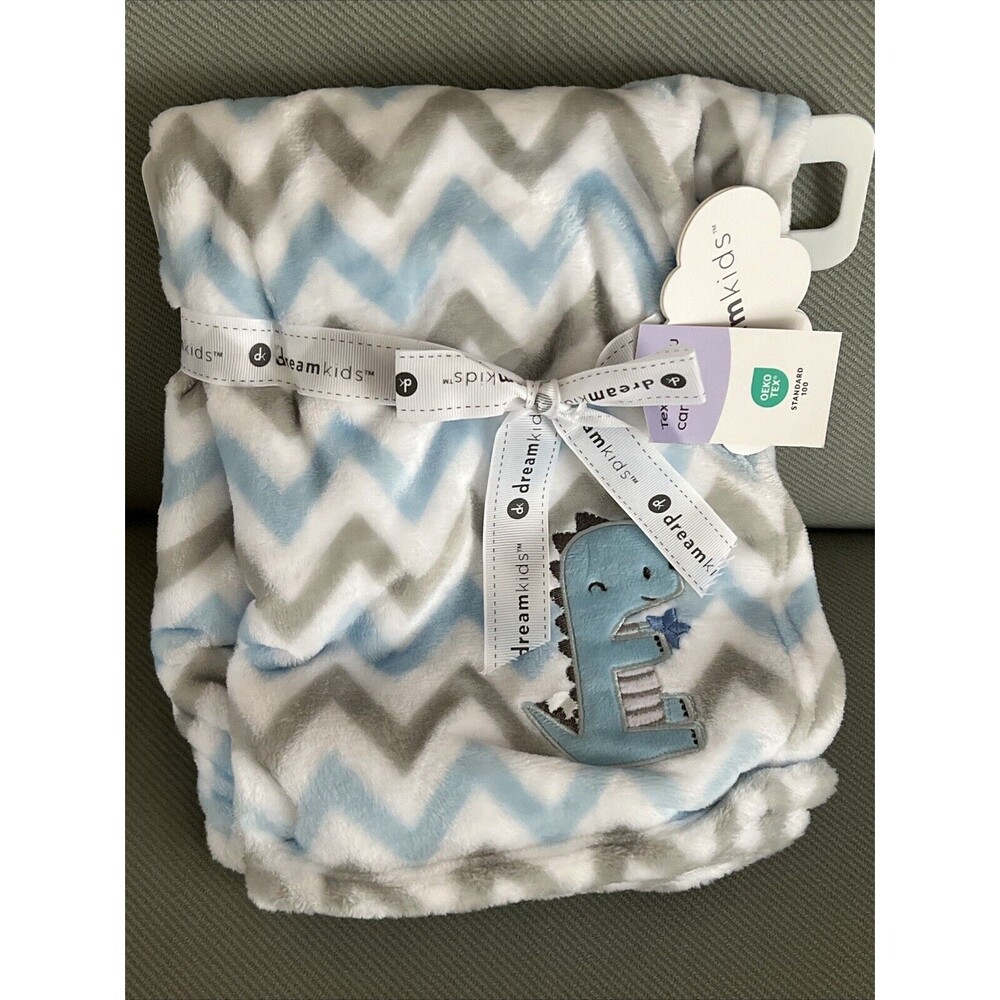Dream Kids Blue Gray Zig Zag Dinosaur Dino Baby Plush Blanket Embroidered Boys